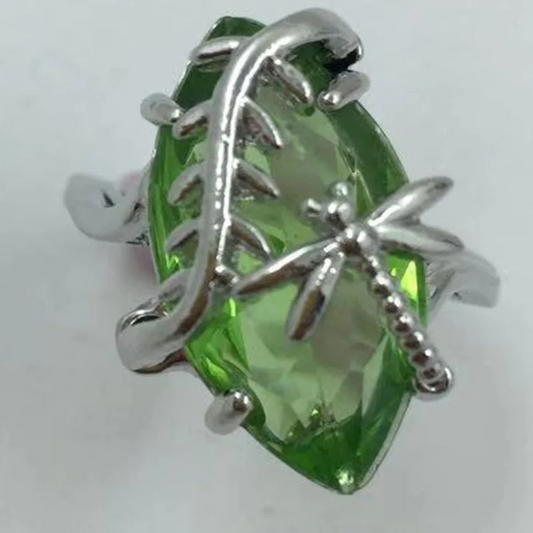 Sterling Silver Green Marquise Olive Dragonfly Ring