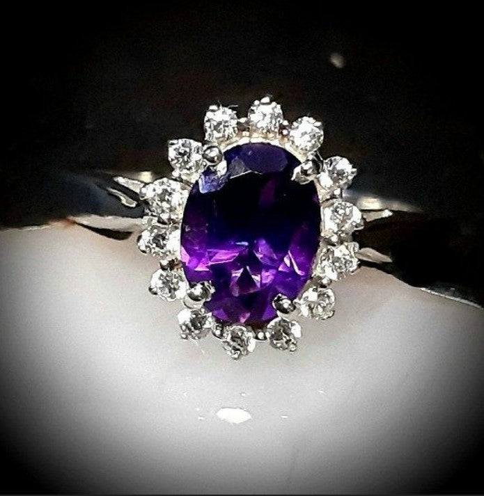 Sterling Silver Oval Purple Amethyst Flower Open Ring