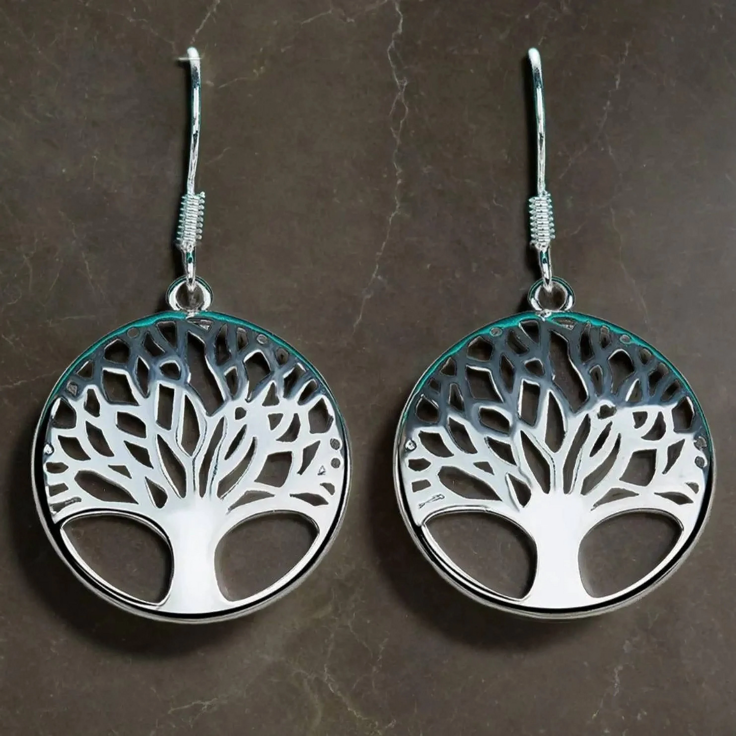 925 Sterling Silver Round Tree Of Life Hook Earrings