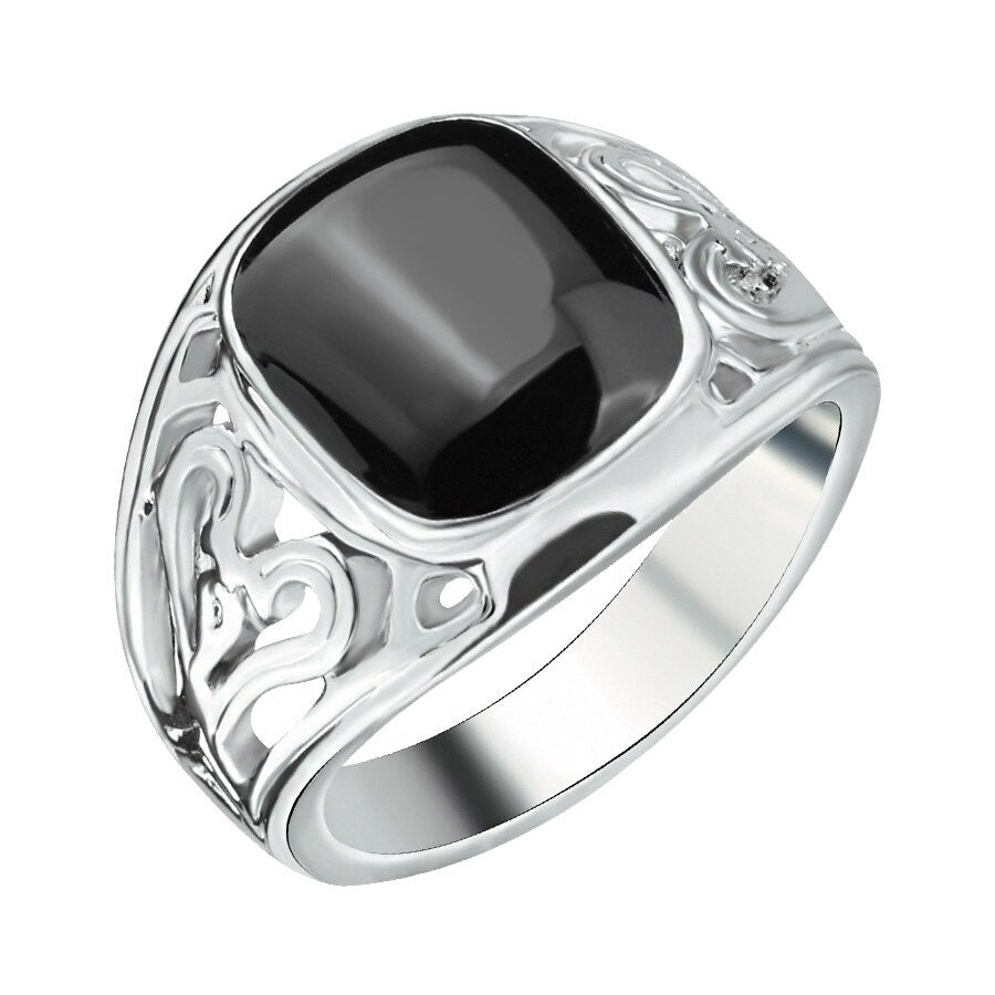 925 Sterling Silver Hollow Black Agate Enamel Ring