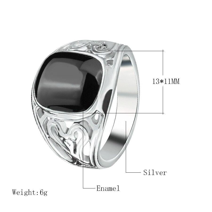 925 Sterling Silver Hollow Black Agate Enamel Ring