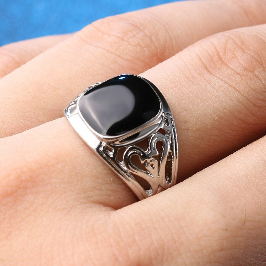 925 Sterling Silver Hollow Black Agate Enamel Ring