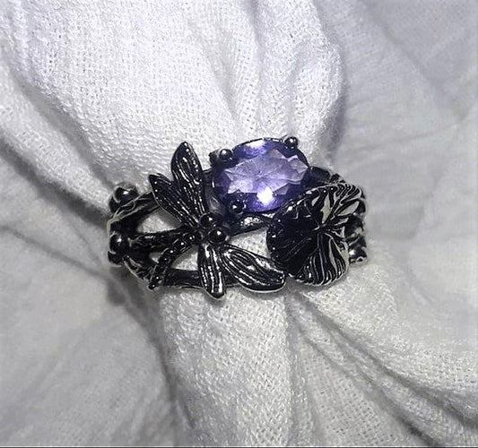 Retro Vintage Leaf Dragonfly Purple Crystal Silver Ring