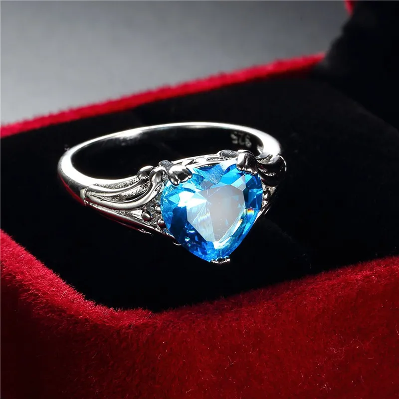 12mm Blue Aquamarine Silver Tone Heart Shaped Ring