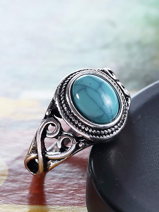 Vintage Oval Natural Blue Turquoise Silver Retro Ring