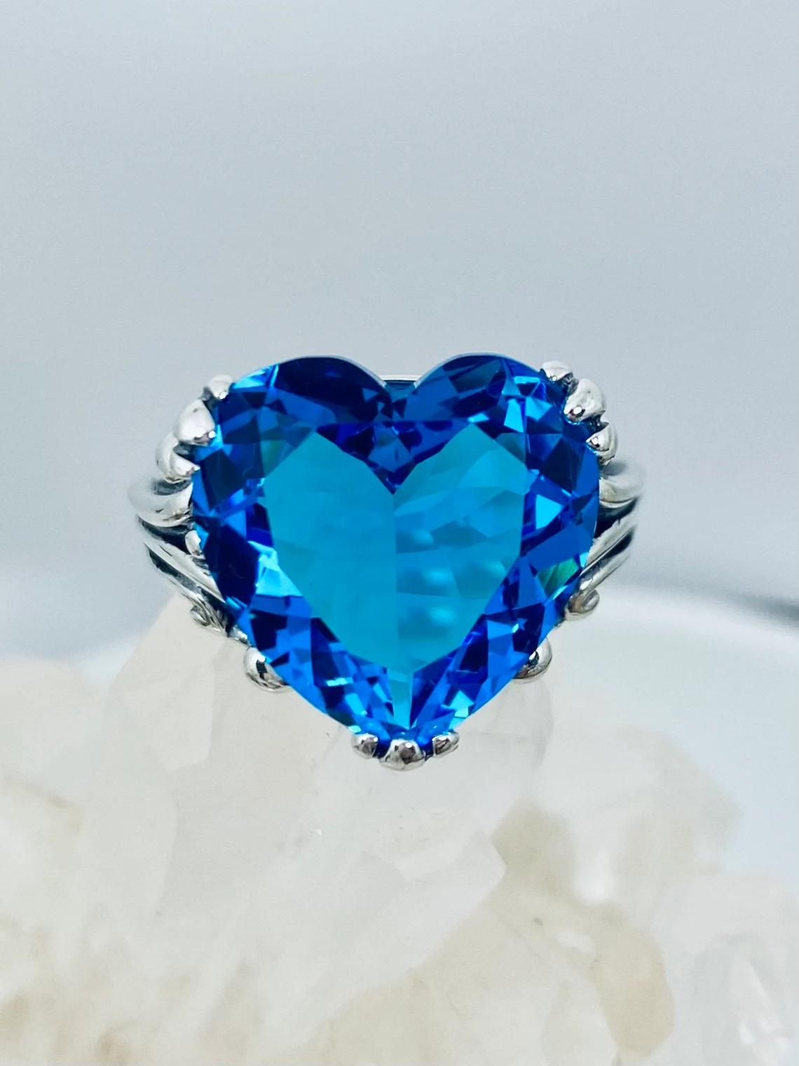 12mm Blue Aquamarine Silver Tone Heart Shaped Ring