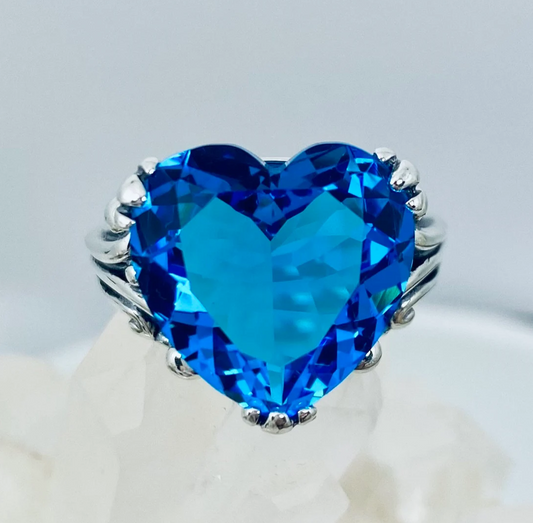 Big 12mm Blue Heart Sapphire Silver Ring