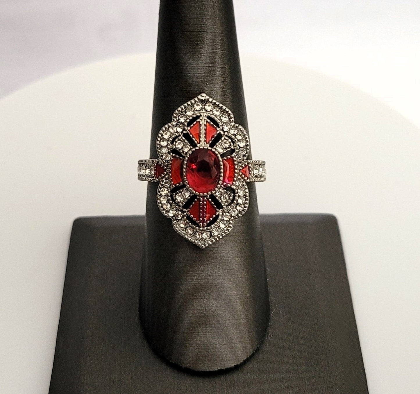 925 Sterling Silver Ruby Red Geometric Art Deco Ring