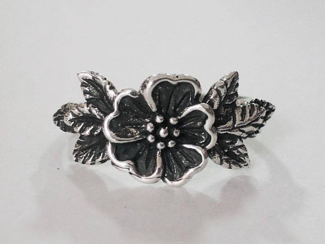 Vintage Rose Flower Leaf Retro Silver Ring