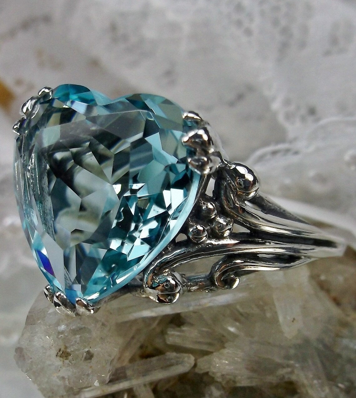 12mm Blue Aquamarine Silver Tone Heart Shaped Ring