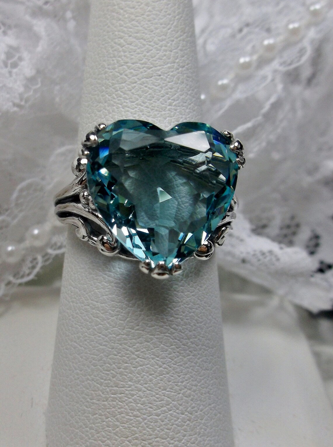 12mm Blue Aquamarine Silver Tone Heart Shaped Ring
