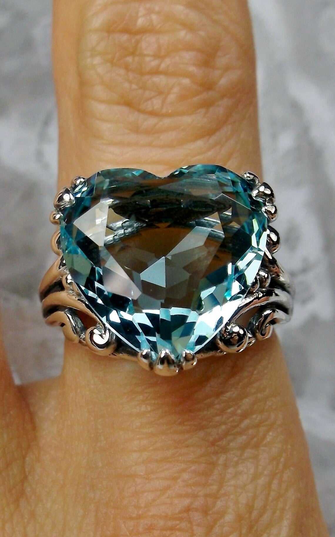 12mm Blue Aquamarine Silver Tone Heart Shaped Ring