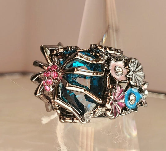 Handmade Wicked Spider Blue Crystal Flower Ring