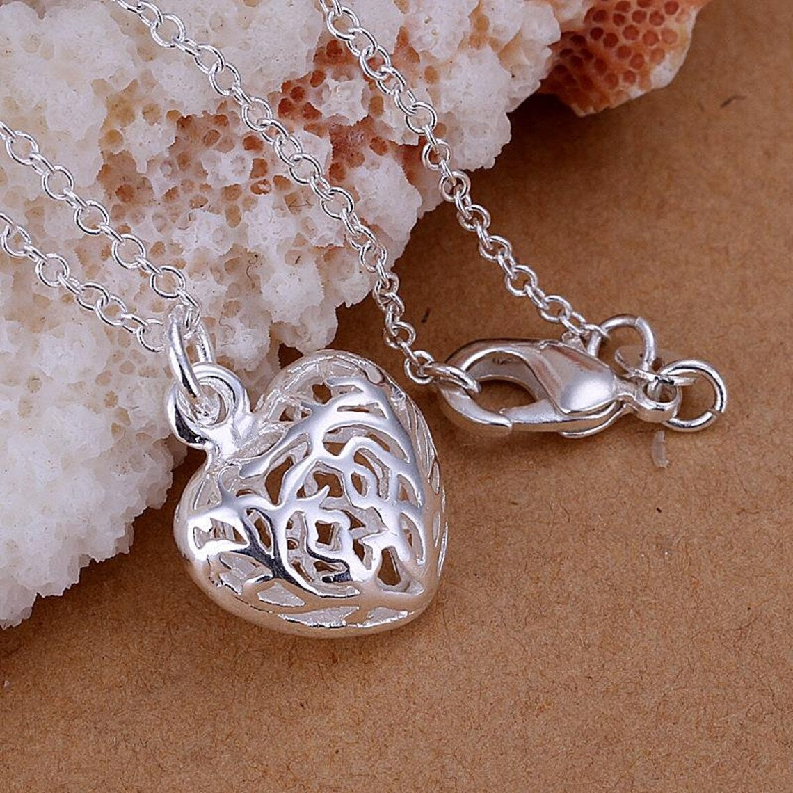 Sterling Silver Hollow Heart Pendant Necklace & 18" Chain