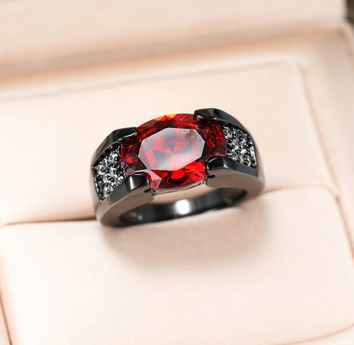 2Ct Oval Red Garnet & Zircon Crystal Black Gun Ring
