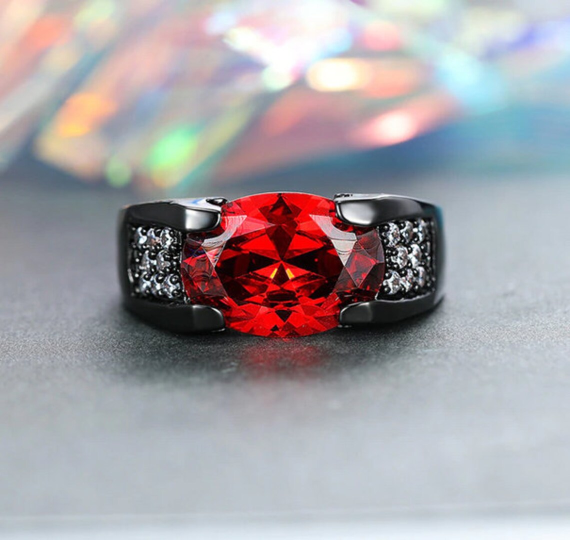 2Ct Oval Red Garnet & Zircon Crystal Black Gun Ring