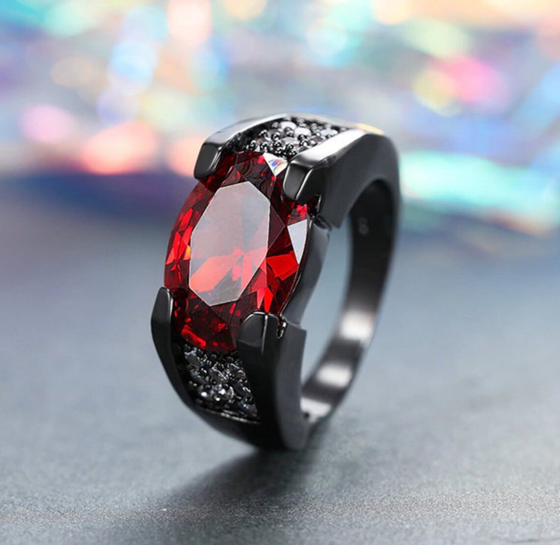 2Ct Oval Red Garnet & Zircon Crystal Black Gun Ring