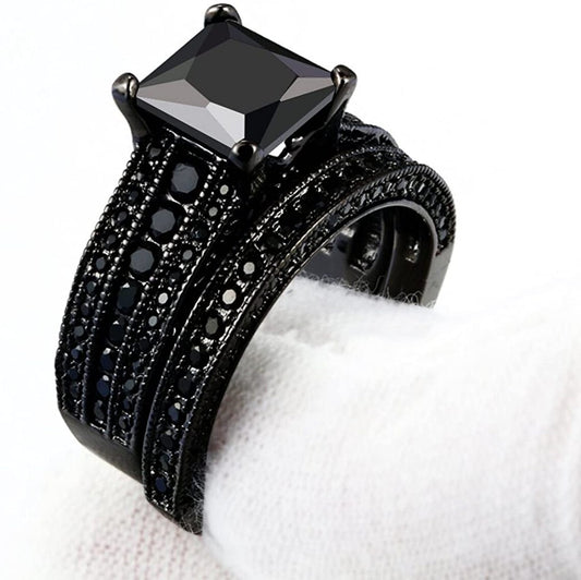2pcs Princess Cut Black Agate Engagement Ring Set