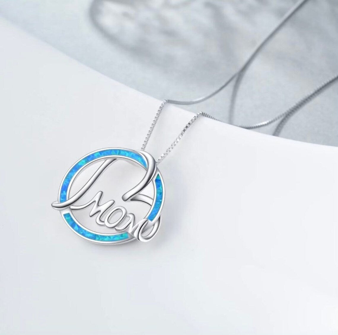 Round Blue Opal Mom Heart Silver Necklace