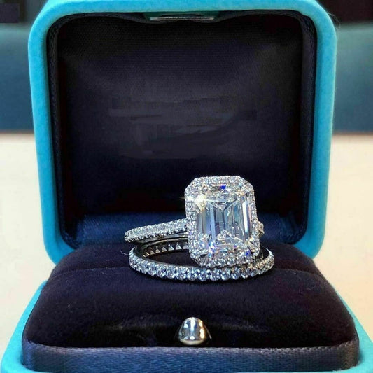 2pcs 10mm Emerald Cut Zircon Silver Engagement Ring