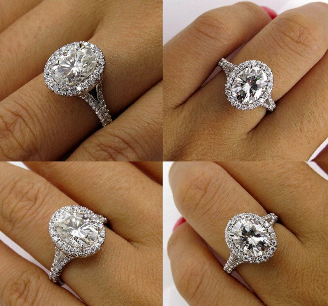 Stunning White Oval Halo Moissanite Silver Engagement Ring