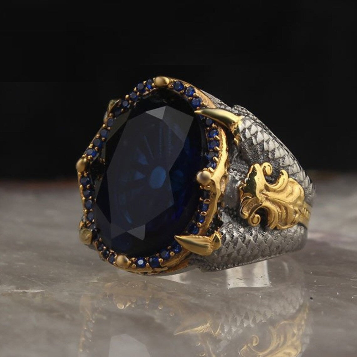 Men's Handmade Blue Sapphire Open Two-Tone Ottoman Ring