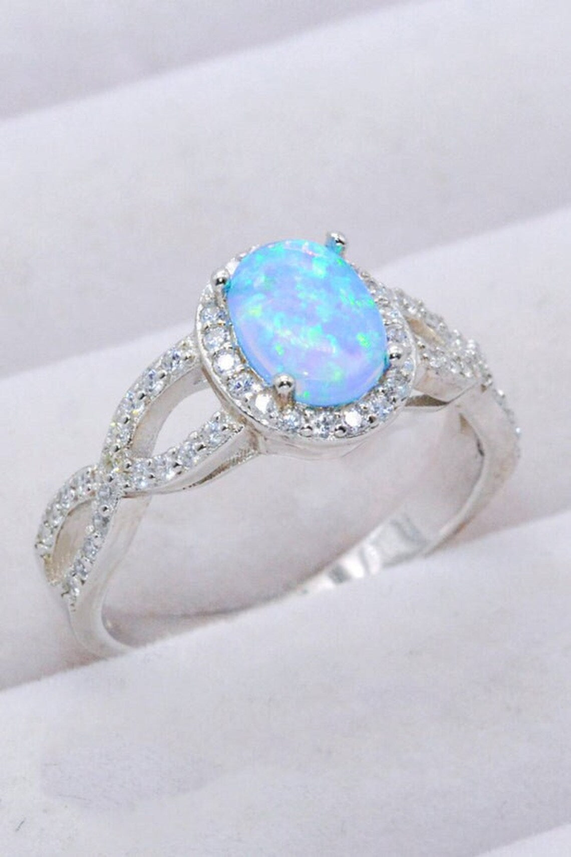 Oval Cut Blue Opal & CZ Crystals Silver Halo Ring