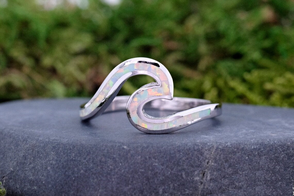 Unique White Opal Wave Silver Ring