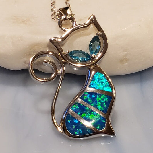 Cute Blue Opal Kitten Cat Silver Necklace & Chain