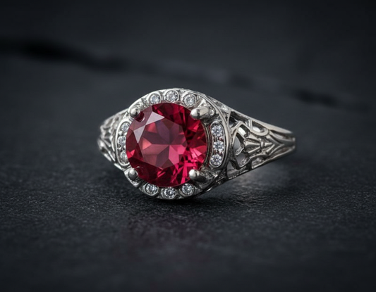 1CT Hollow Red Topaz Art Deco Vintage Silver Filigree Ring