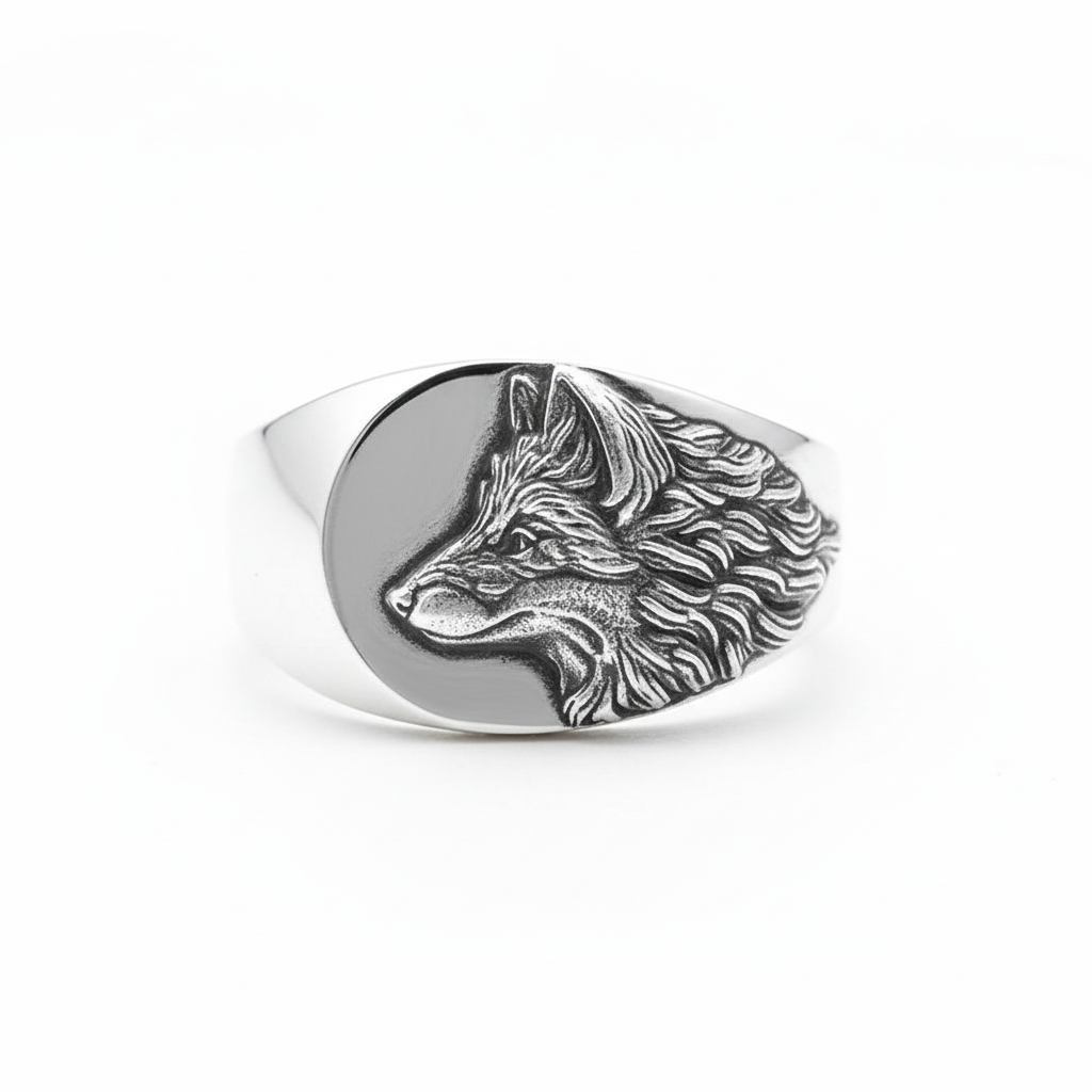 925 Sterling Silver Vintage Carved Wolf Head Retro Ring
