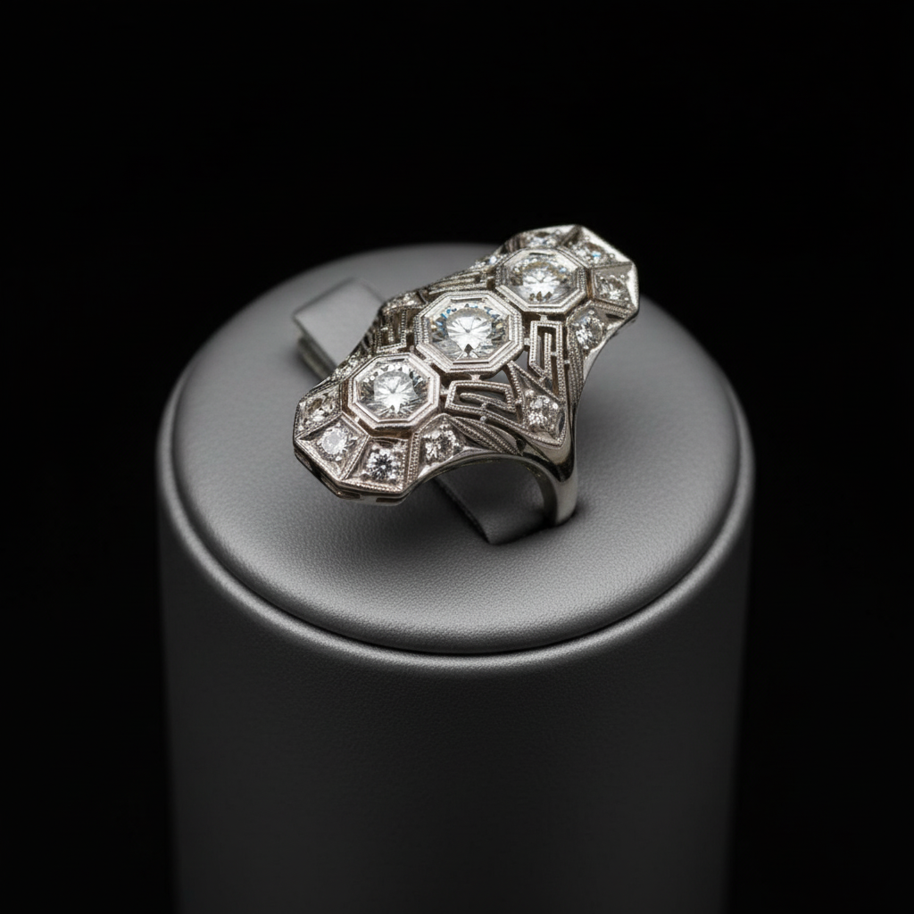Vintage European Cut Art Deco Antique Silver Ring