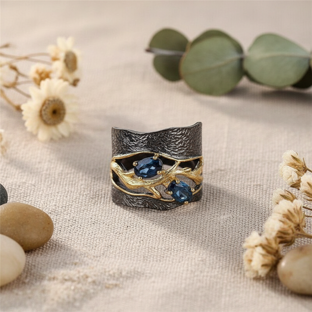 Handmade Blue Sapphire Golden Branch Black Retro Ring