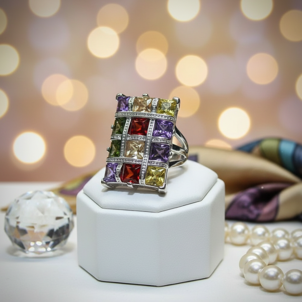 Colorful Multicolor Garnet Topaz Silver Geometric Ring