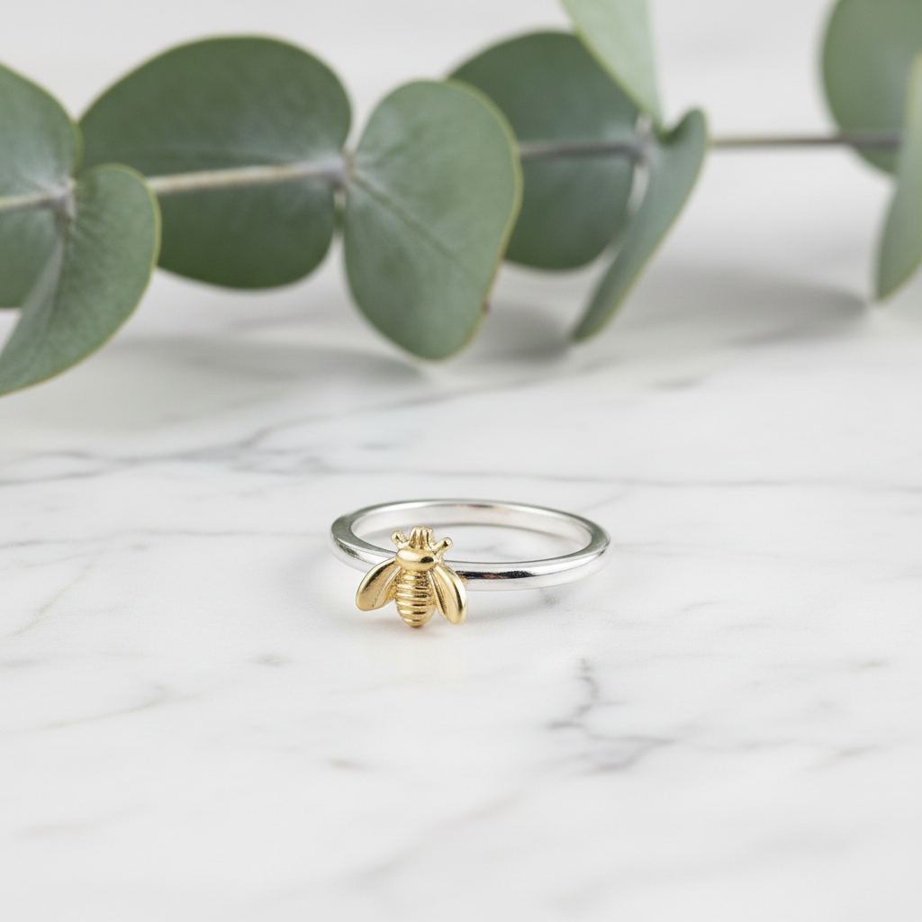 925 Sterling Silver Tiny Yellow Honey Bee Ring
