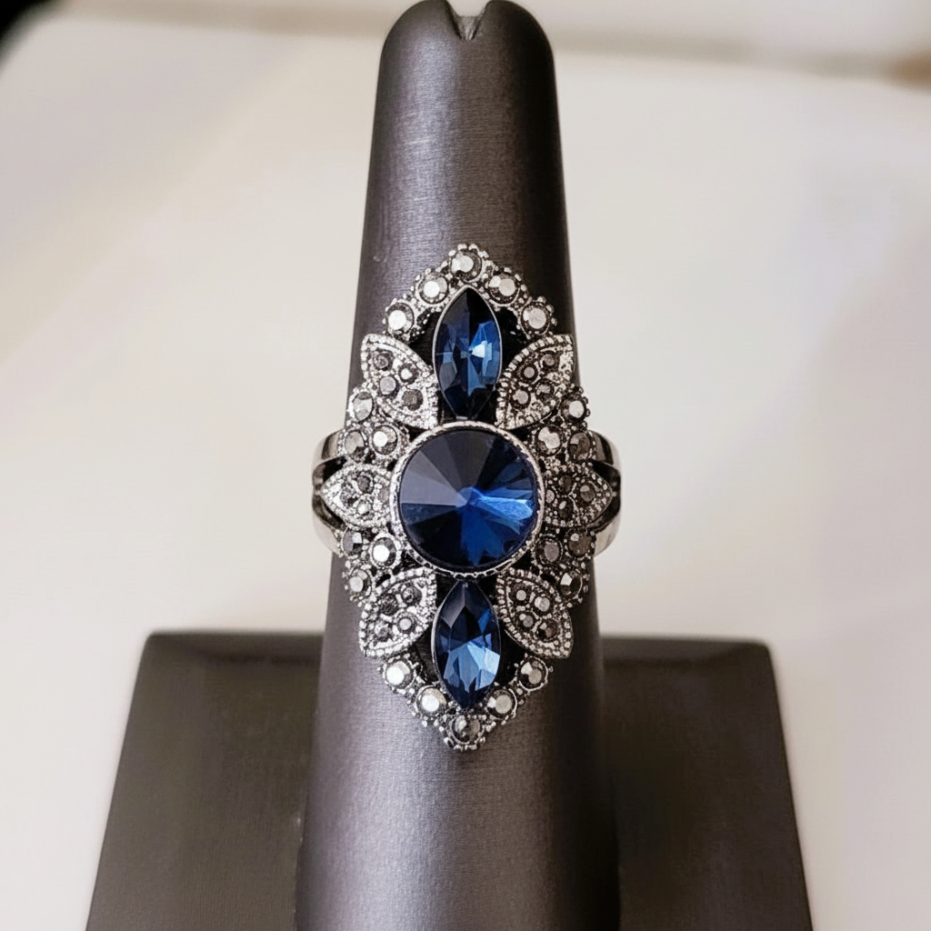 Vintage-Inspired 36mm Blue & Gray Mosaic Antique Silver Art Deco Ring