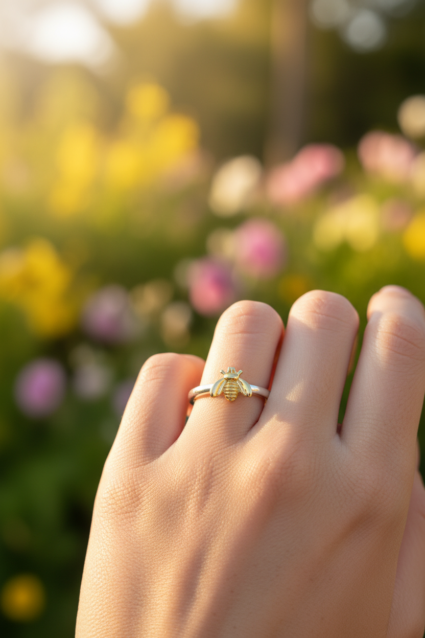 925 Sterling Silver Tiny Yellow Honey Bee Ring