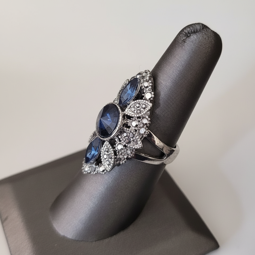 Vintage-Inspired 36mm Blue & Gray Mosaic Antique Silver Art Deco Ring