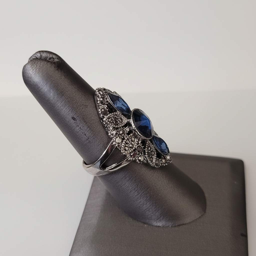 Vintage-Inspired 36mm Blue & Gray Mosaic Antique Silver Art Deco Ring