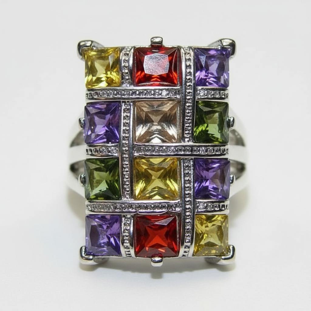 Colorful Multicolor Garnet Topaz Silver Geometric Ring