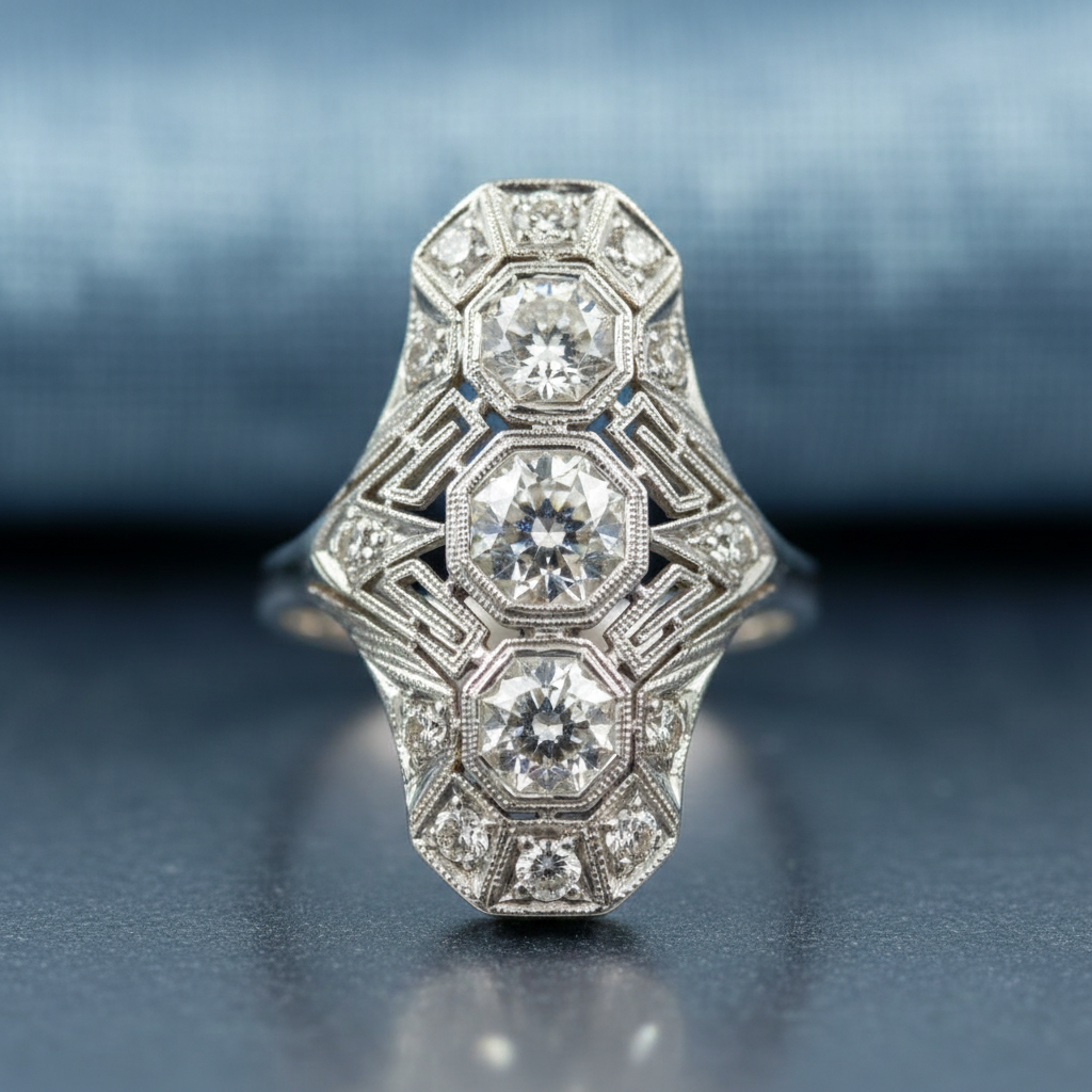 Vintage European Cut Art Deco Antique Silver Ring