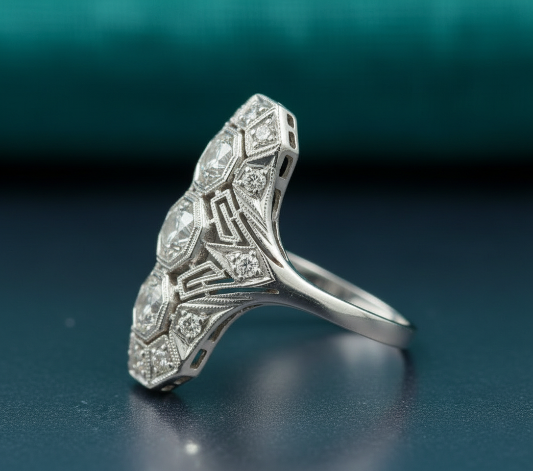 Vintage European Cut Art Deco Antique Silver Ring