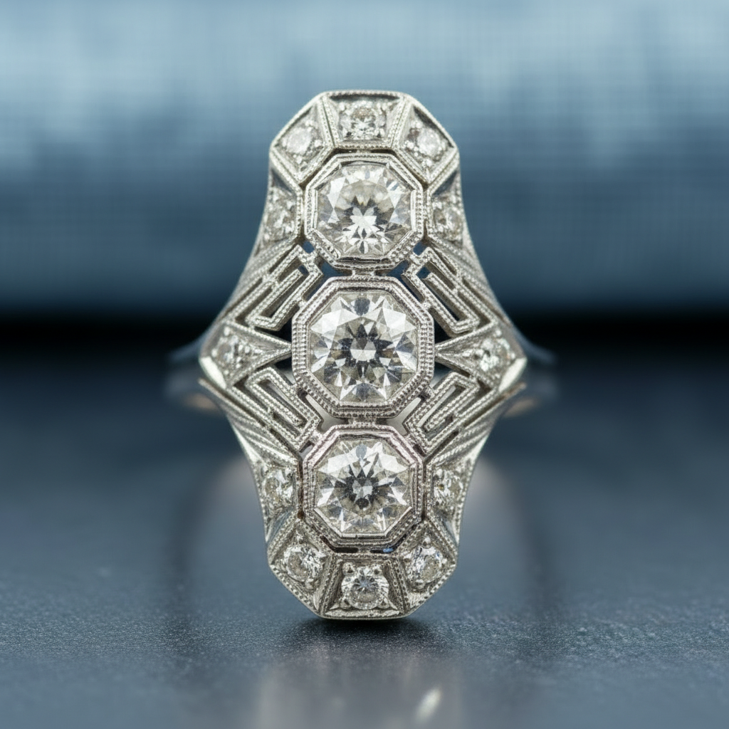 Vintage European Cut Art Deco Antique Silver Ring