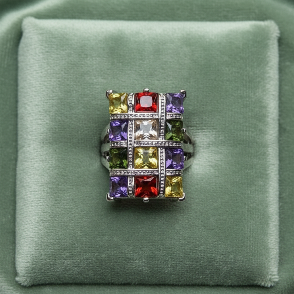 Colorful Multicolor Garnet Topaz Silver Geometric Ring