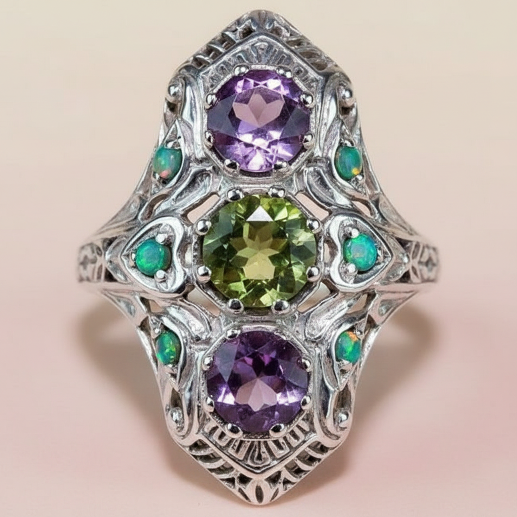 925 Sterling Silver Amethyst & Peridot Vintage Ring