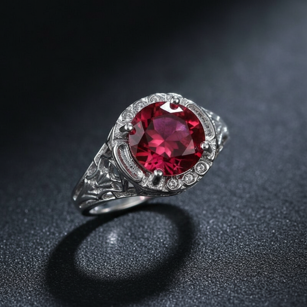 1CT Hollow Red Topaz Art Deco Vintage Silver Filigree Ring