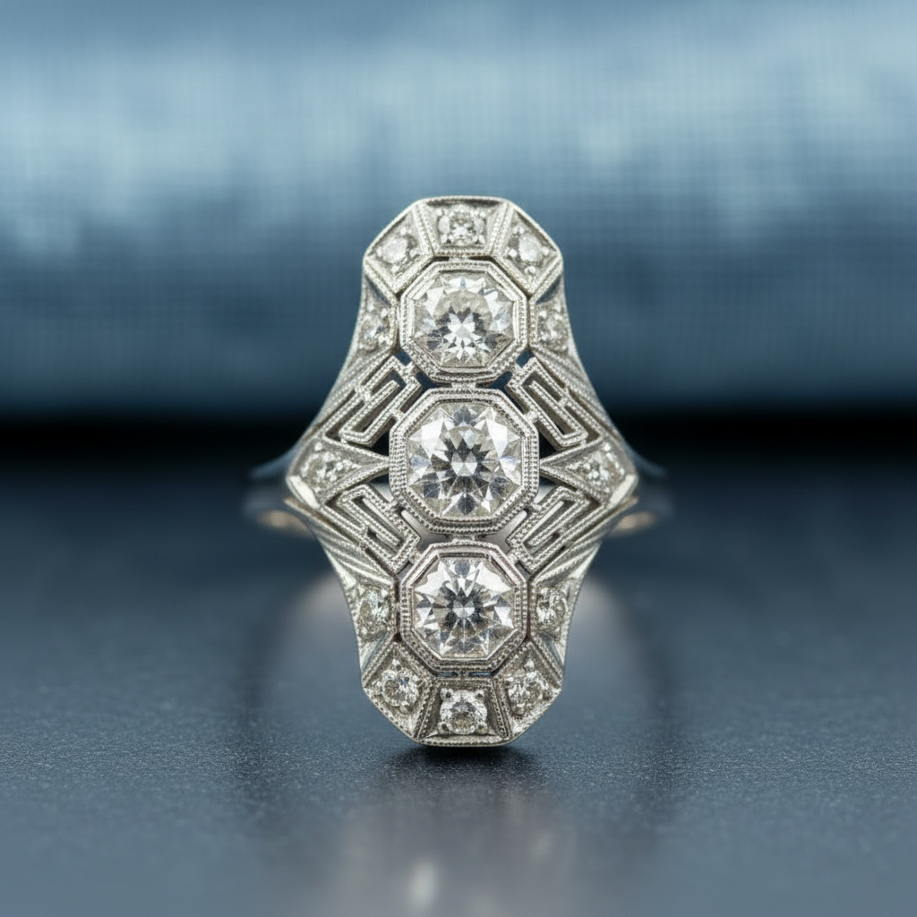 Vintage European Cut Art Deco Antique Silver Ring