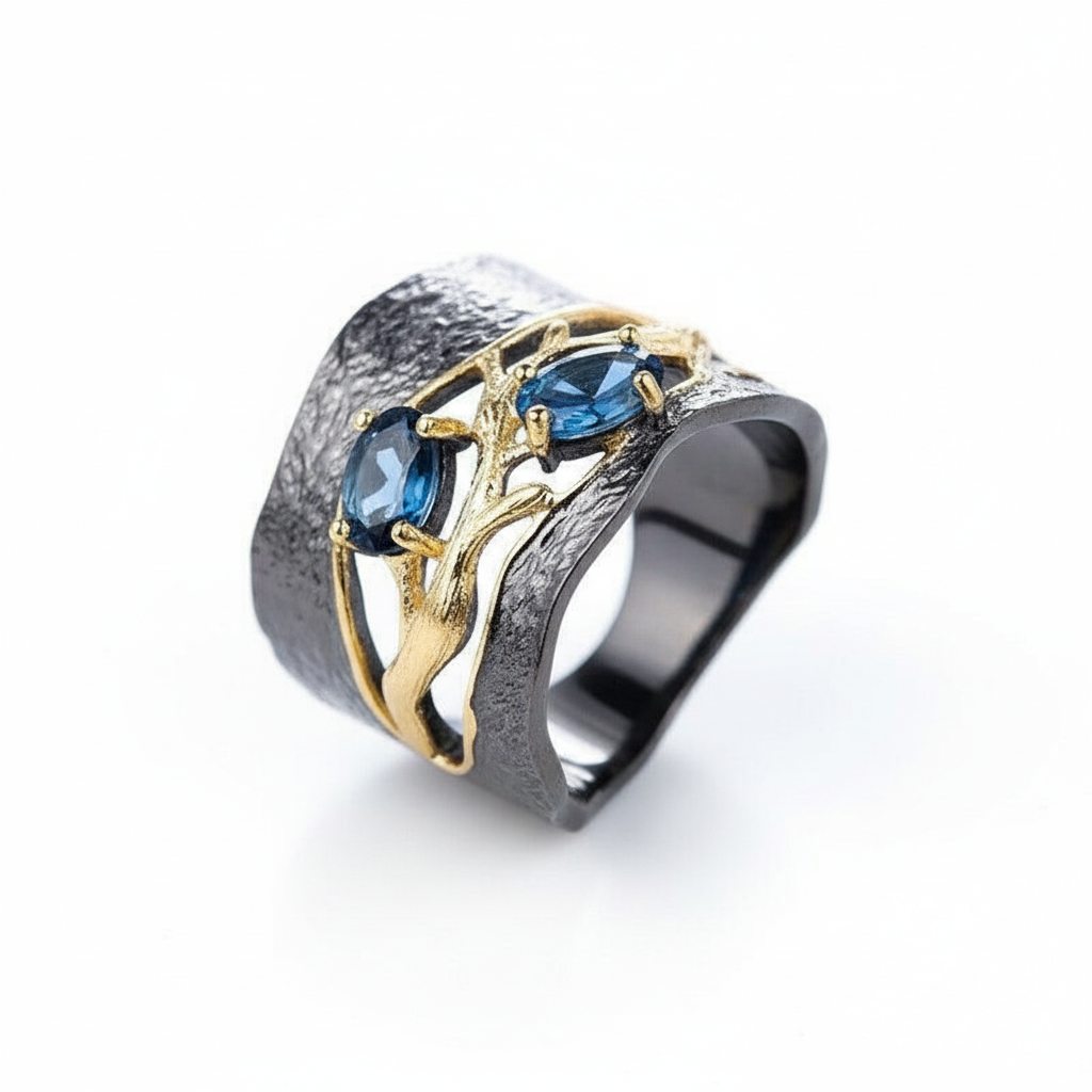 Handmade Blue Sapphire Golden Branch Black Retro Ring