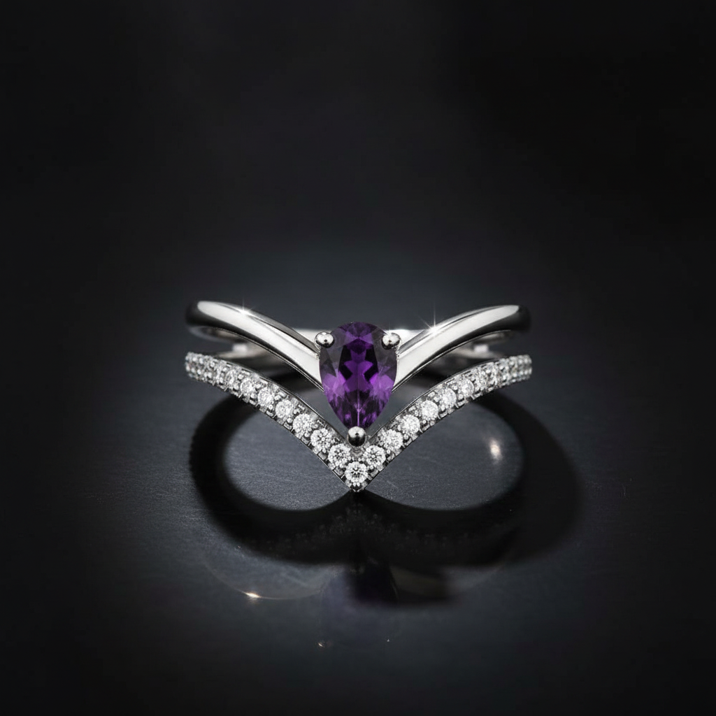 Sterling Silver Pear Shaped Purple Amethyst Ring