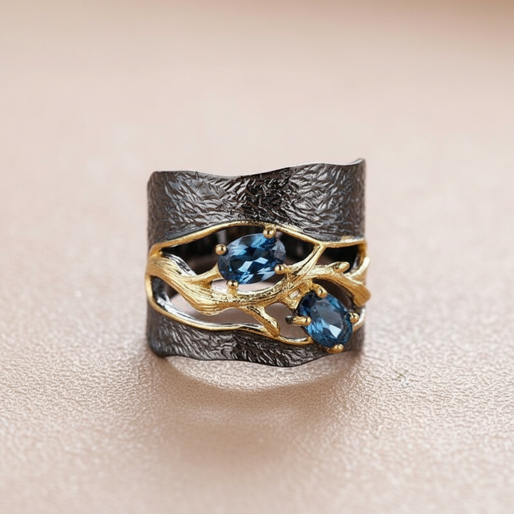 Handmade Blue Sapphire Golden Branch Black Retro Ring
